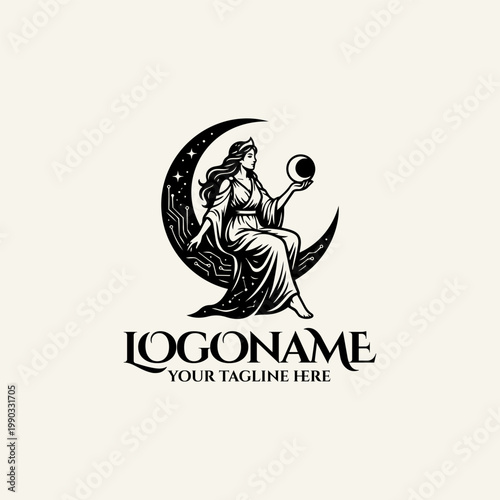 Black and white logo design featuring a stylized woman sitting on a crescent moon, mystical female figure holding a celestial sphere with circuit board patterns.