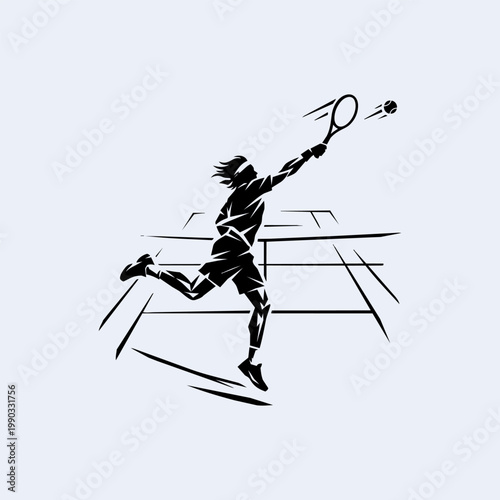 Black and white stylized illustration of a tennis player jumping to hit a ball with a racket, dynamic sporting action on a court.