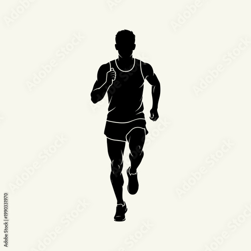 Black silhouette of a male runner in a tank top and shorts, running forward, isolated on a light background. Sport, fitness, and exercise concept illustration.