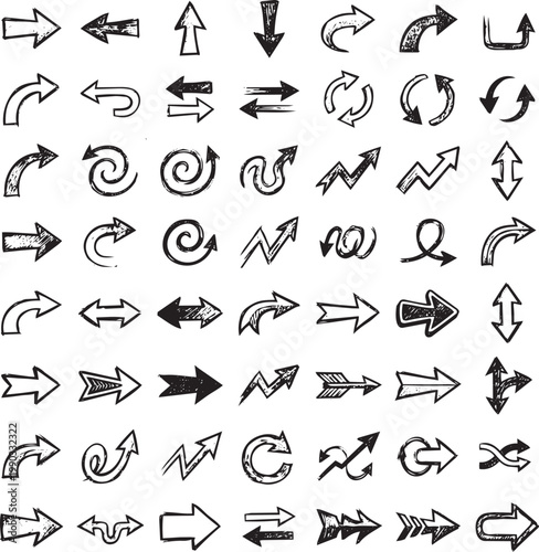 Collection of hand-drawn arrow icons in various styles, direction, and shapes, sketched on a white background