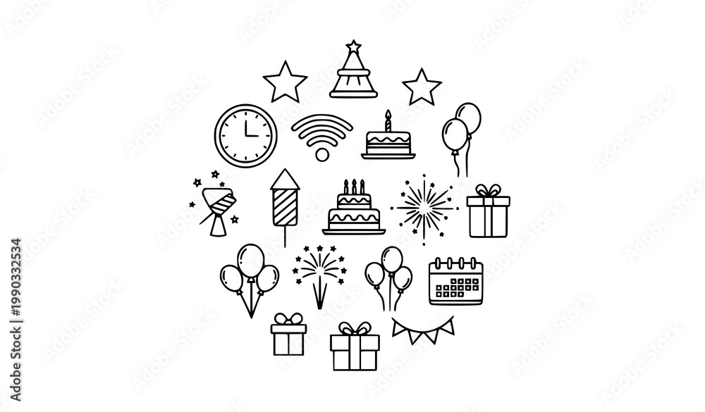 Naklejka premium Celebration and Birthday Outline Icons Cake Gift Balloons Fireworks Vector Set