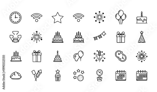Birthday Party Icons Set Clock Wifi Cake Gift Balloons Fireworks Vector
