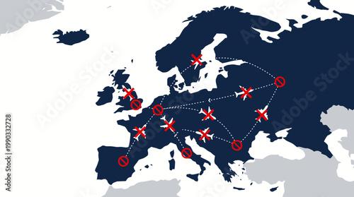 Europe Aviation Crisis Map Flight Routes Disrupted Grounded Airplanes Vector