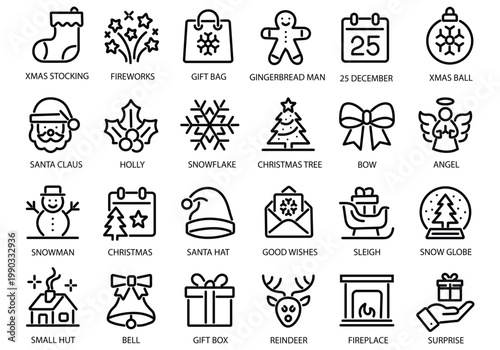Christmas line icon set. Editable Stroke. Xmas, gift, santa, christmas tree, snowflake, angel, santa nat - stock vector.