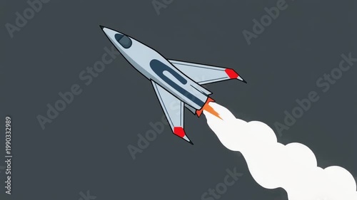 a gray cartoon rocket flying upwards.