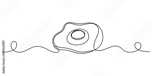 Minimalist single line art illustration of a fried egg on a plain white background. Vector, illustration