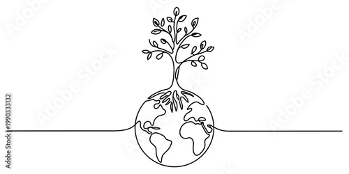 Continuous line drawing of a flourishing tree growing from the earth globe for environmental concept Vector, illustration