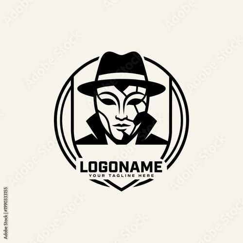 Minimalist black and white logo featuring a stylized face wearing a hat, detective or secret agent icon design, vector illustration for branding.