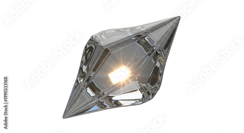 Isolated futuristic faceted crystal object with reflective metallic surfaces and internal bright light source, geometric abstract shape, science fiction element