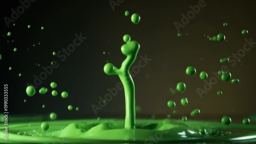 Green liquid splash with droplets flying.