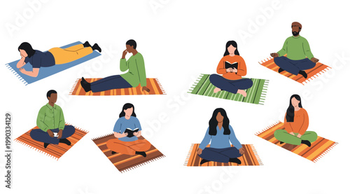 Diverse group of people sitting on mats reading and meditating