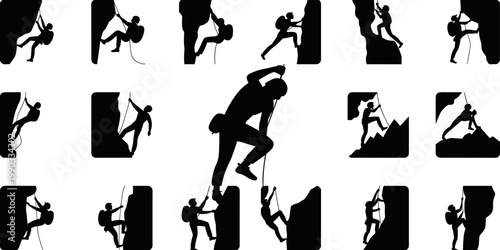 Black silhouette collection of rock climbing icons, climbers with ropes, harnesses, and gear ascending cliffs and mountain slopes