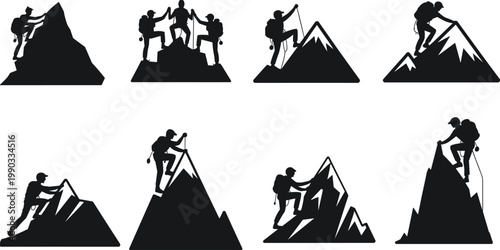 Mountain climber silhouettes with backpacks and gear, minimalist black outdoor adventure teamwork and exploration illustration set