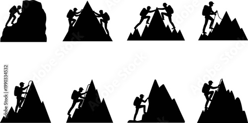 Mountain climber silhouettes with backpacks, ropes, and ladders, minimalist black outdoor teamwork and adventure illustration set