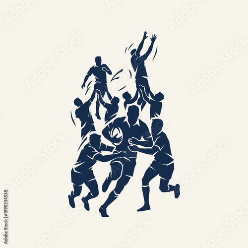 Silhouette illustration of a rugby team in action, players tackling and competing for a ball in a lineout formation, dynamic athletic sport concept.