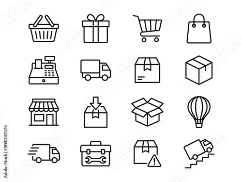 Outline vector icons set for e commerce shopping delivery logistics services with e commerce shopping delivery logistics collection shipping register warehouse distribution