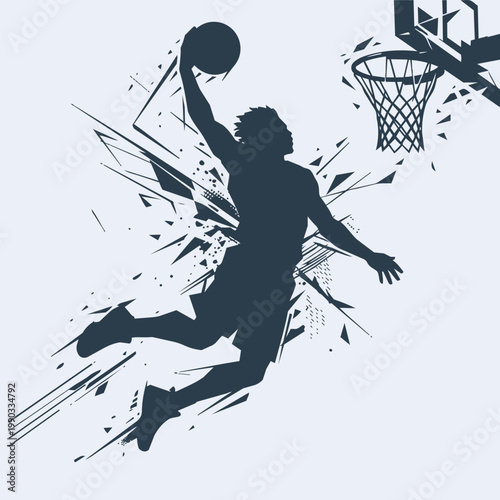 Silhouette of a basketball player performing a slam dunk, dynamic abstract background with geometric shapes and motion lines representing energy.
