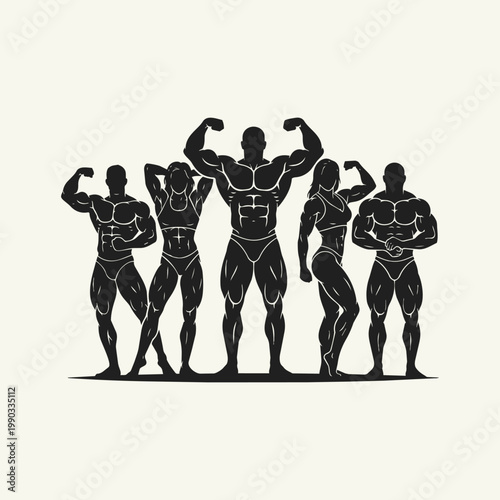 Silhouette of a diverse group of muscular athletes posing in bodybuilding stances, fitness competitors displaying strength and physique on a plain background.