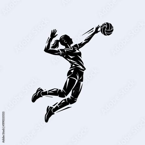 Silhouette of a female athlete jumping to spike a volleyball, dynamic stylized graphic illustration of a person playing a team sport.