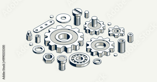 Mechanical engineering concept, gears and cogs composition isometric 3D vector illustration, cogwheels system technology and technics machinery engine.