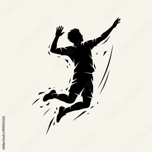 Silhouette of a male volleyball player jumping to spike the ball, dynamic abstract motion with fragmented graphic elements.