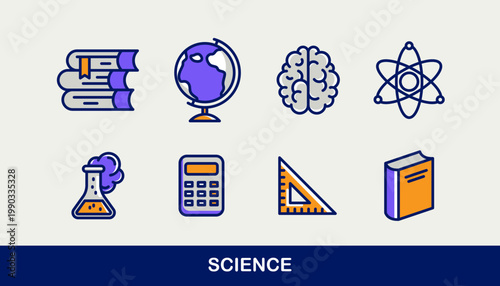 Science vector icons set, physics and chemistry, mathematics and geography, research and experiments.