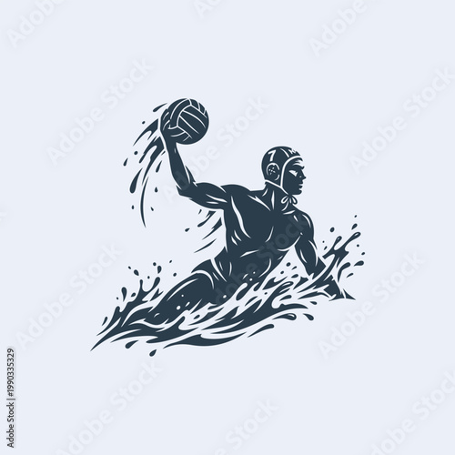 Silhouette of a male water polo player in motion with a ball, 7 on cap, surrounded by water splashes