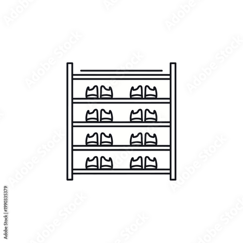 Black and white shoe rack icon, clean minimal outline, storage furniture symbol, vector isolated