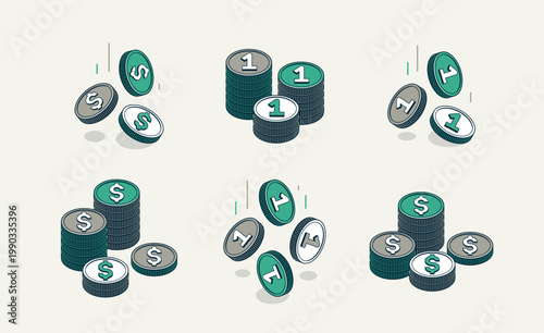 Coins vector set, cash stack icons or illustrations 3d isometric style, success or casino game theme, treasures.
