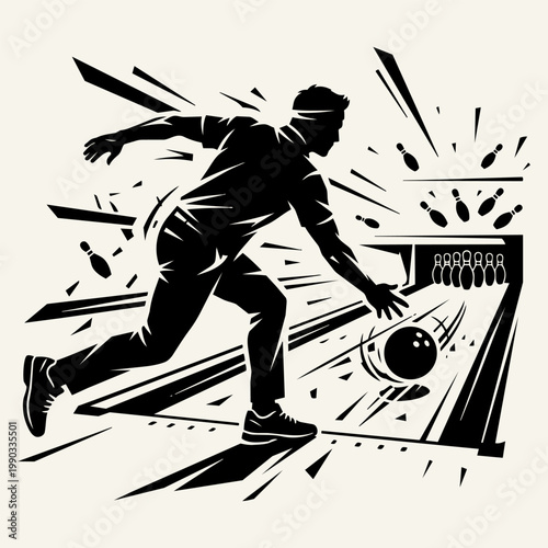 Silhouette of a person bowling, action scene of a bowler throwing a ball at pins with dynamic motion lines and abstract shapes.