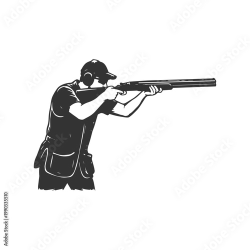 Silhouette of a person clay pigeon shooting with a shotgun, sports enthusiast practicing target shooting isolated on a white background.