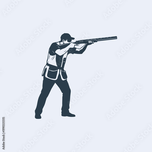 Silhouette of a person clay pigeon shooting, marksman aiming a shotgun at a target.
