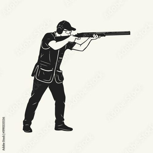 Silhouette of a person clay pigeon shooting with a shotgun, side view of a marksman wearing a protective vest, cap, and glasses practicing sport shooting.