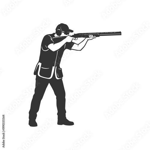 Silhouette of a person participating in clay pigeon shooting, aiming a shotgun at a target with ear protection gear.