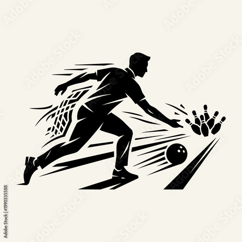 Silhouette of a person playing bowling, dynamic action shot of a bowler throwing a ball at pins on a lane with motion lines.