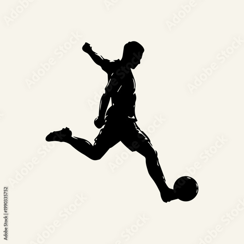 Silhouette of a soccer player kicking a ball, dynamic action pose of an athlete playing football, isolated on a light background.