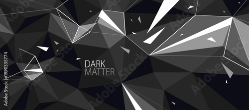 Dark black monochrome greyscale polygonal abstract background with 3D triangular surface and flying debris particles in motion, explosion force abstraction.