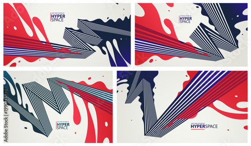 Dynamic vector abstract background set, lines in perspective with energy blast of a lava fluid in 3D space, splash in motion, modern creative art wallpaper.