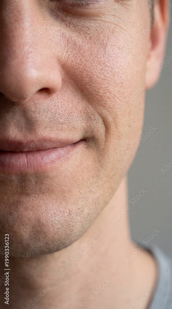 Obraz premium A close-up portrait of a man, with a subtle smile playing on his lips, hints at a depth of emotion and a sense of serenity.