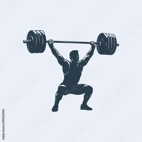 Silhouette of a weightlifter performing a clean and jerk lift, holding a barbell overhead in a squatting position.