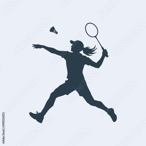 Silhouette of a woman athlete jumping to hit a shuttlecock with a badminton racket, active sports concept isolated on a light background.