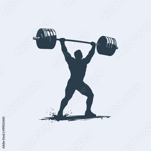 Silhouette of a weightlifter lifting a heavy barbell over his head, grunge style vector illustration of a strong athlete performing an overhead press.