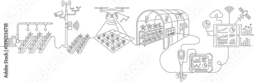 An illustration depicting a modern smart farming system with various technological elements for efficient agriculture and data analysis. AI, eps, png, jpg. transparent background.