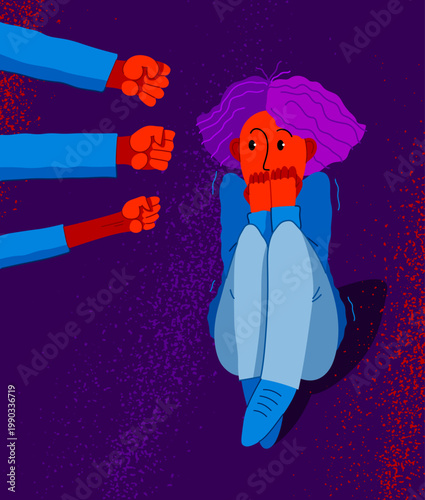 Bullying vector concept, clenched fists threats scared young woman victim, psychological abuse, violence against women, problem of cruel behavior in social groups, discrimination.