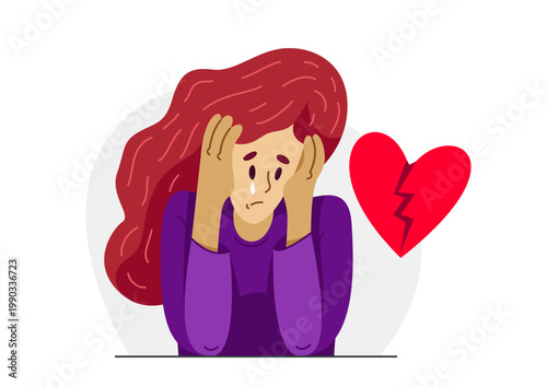 Young woman with a broken heart failed love and breakup emotional concept, vector illustration of a suffering after broken up relations.
