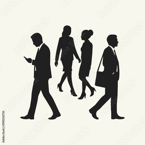 Silhouettes of professional business people walking, group of corporate workers in suits commuting to work.