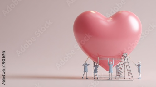 Tiny figures working together to shape a giant heart, symbolizing love and construction