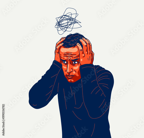 Young man feeling stressed and uncomfortable, vector illustration of a person having mental disorder panic and anxiety, psychological problems.