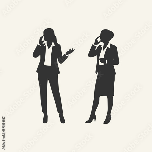 Silhouettes of two businesswomen talking on mobile phones, professional female colleagues standing and communicating in a business setting.