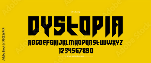 Sharp and bold gothic font for logo creation of for headlines, edgy geometric modern vector typeface, heavy metal and hard rock style alphabet with numbers.